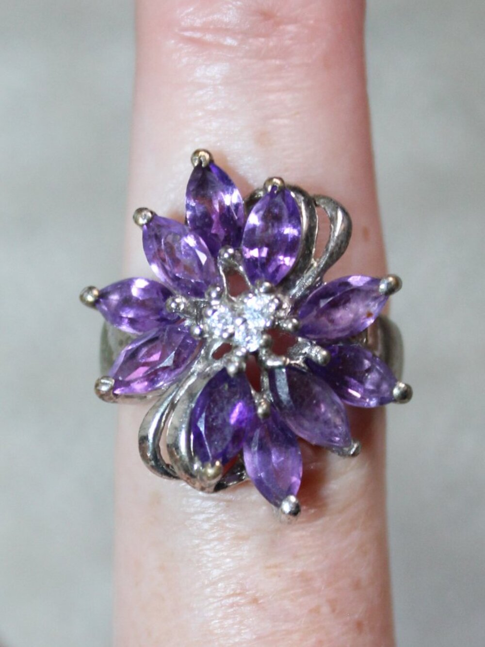 Silver-tone Size 6.5 Purple Marquis Crystal Flower Cluster Design Cocktail Ring